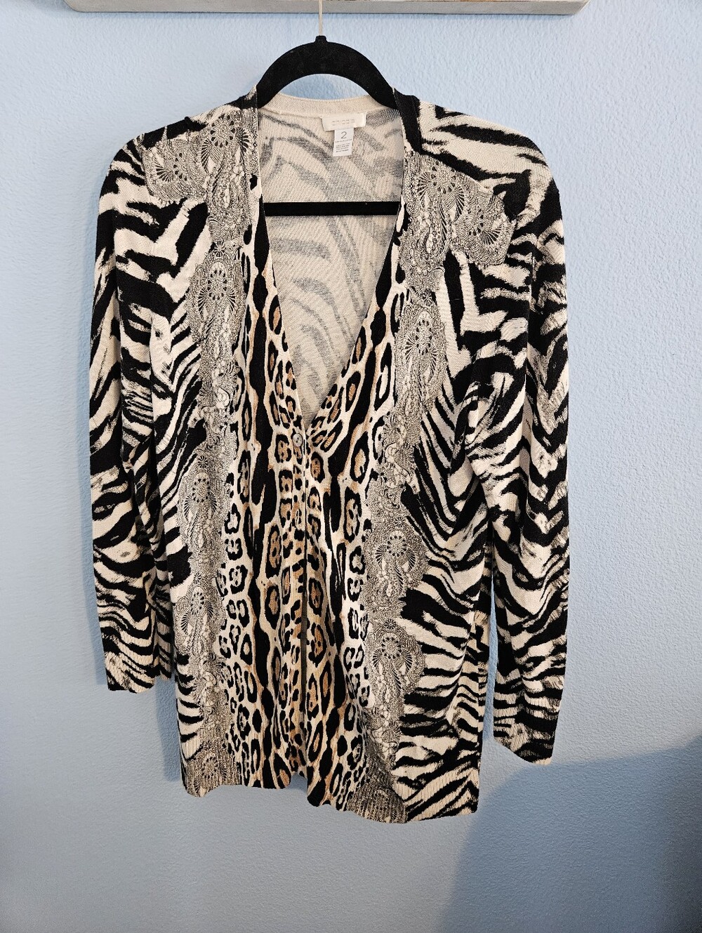 Chico's Mixed Animal Print Cardigan - Black, White & Tan